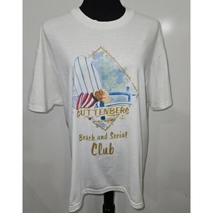 Guttenberg  Beach & Social Club Vintage Coastal White Blue Tshirt Size Large